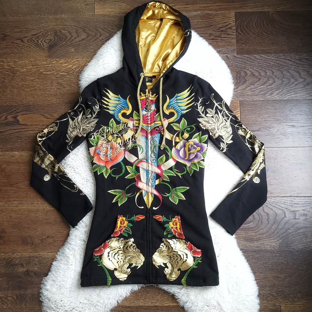 Vintage Ed Hardy Christian Audigier Y2K Lion Swallow Floral Hoodie Jacket